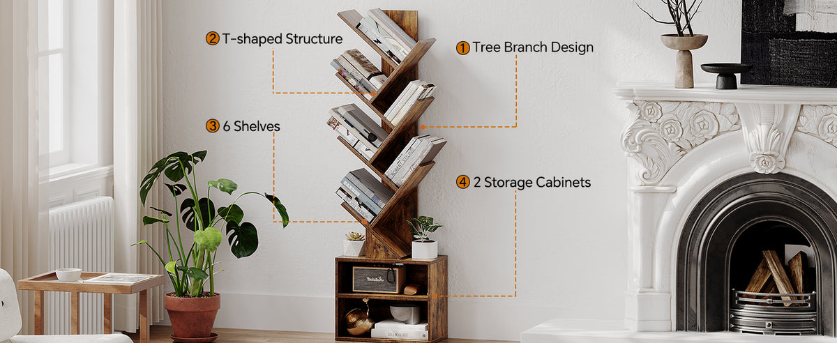 SUNMORY Six-Tier Tree Bookshelf with Storage, Brown