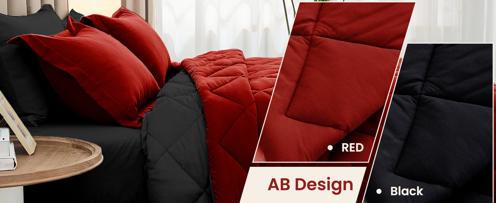 MUXHOMO Reversible Queen Bedding Set, 7 Pieces, Red and Black