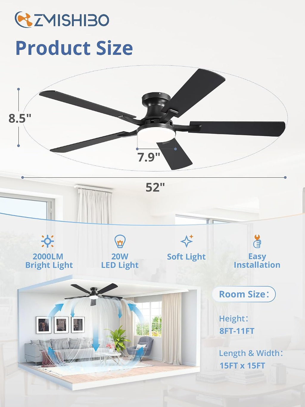 ZMISHIBO 52-Inch Flush-Mount Ceiling Fan with LED Light, Black
