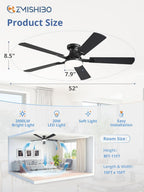 ZMISHIBO 52-Inch Flush-Mount Ceiling Fan with LED Light, Black