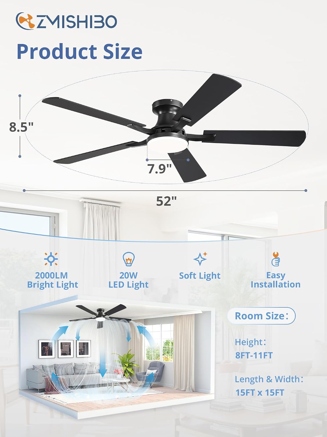 ZMISHIBO 52-Inch Flush-Mount Ceiling Fan with LED Light, Black
