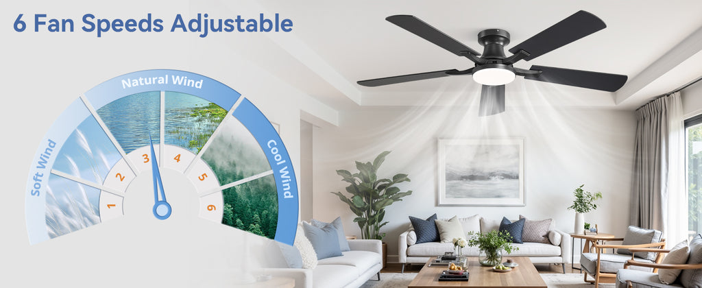 ZMISHIBO 52-Inch Flush-Mount Ceiling Fan with LED Light, Black