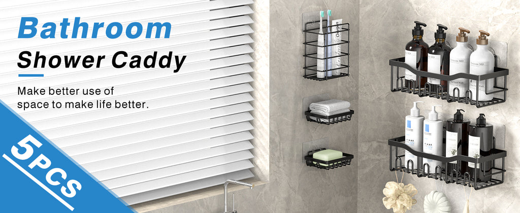 EUDELE Adhesive Bathroom Organizer Set, Black, 5 Pieces