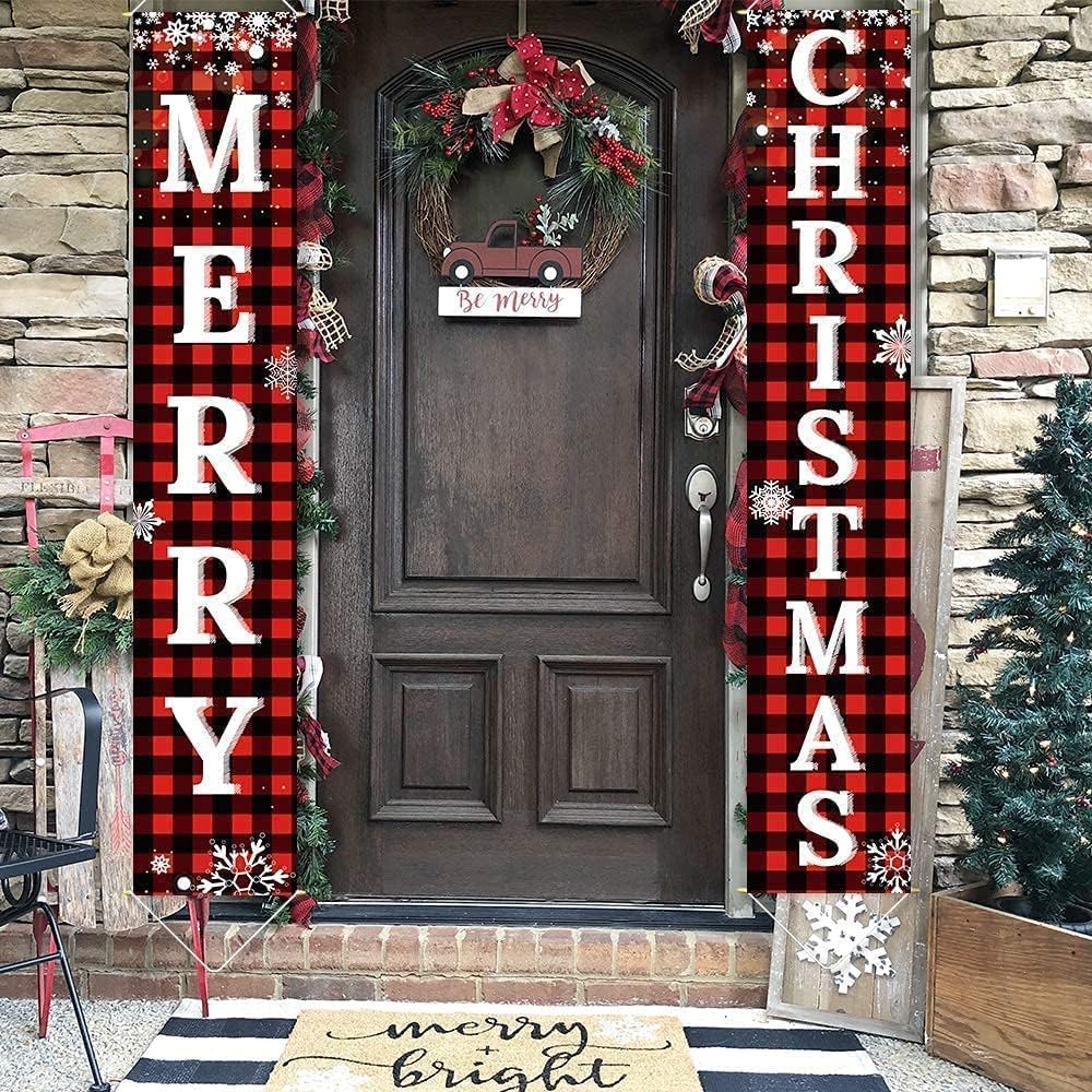 Ivenf Merry Christmas Porch Banners, Red and Black Plaid, Set of 2
