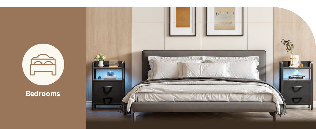 Lazzanto Two-Drawer Nightstand with Charging Station and LED Light, Black