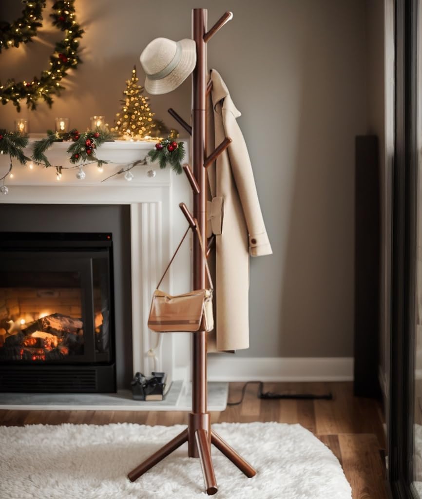 Pipishell Wooden Coat Rack with Eight Hooks, Brown