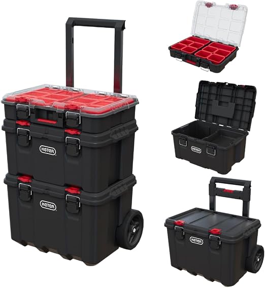 Keter 259676 Stack N Roll 3-Piece Rolling Tool Storage System – 3PC System, Black/Red