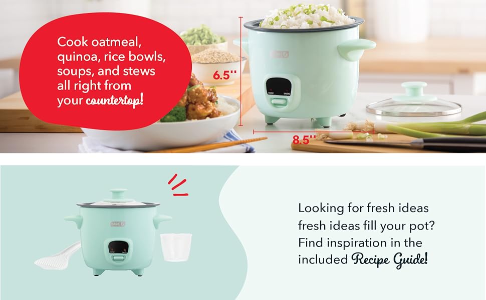 DASH Mini Ceramic Rice Cooker, Aqua, 2 Cups Cooked