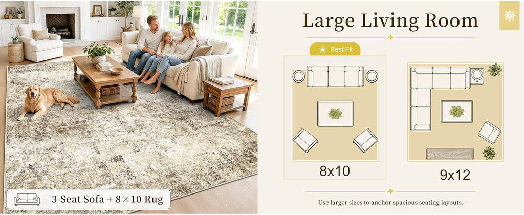 OLANLY Beige Abstract Washable Area Rug