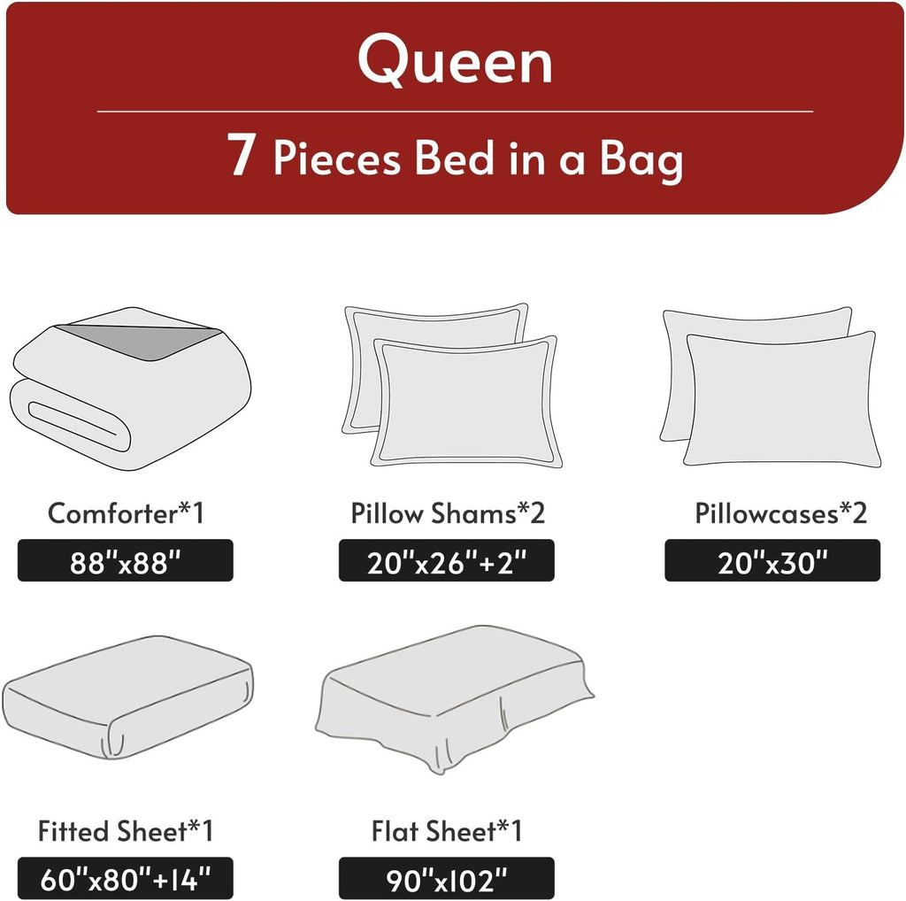 MUXHOMO Reversible Queen Bedding Set, 7 Pieces, Red and Black