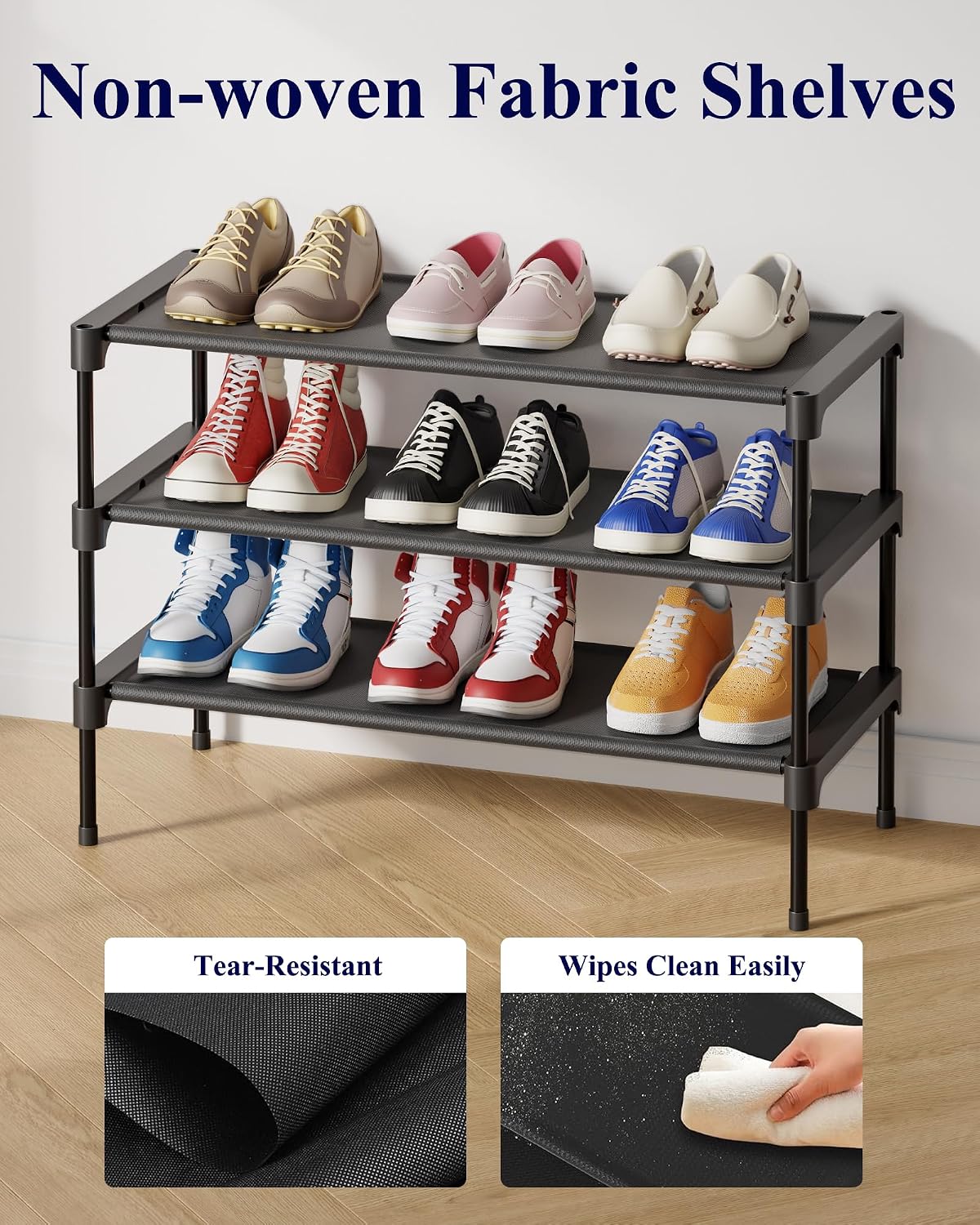 Kitsure Three-Tier Shoe Rack, Black, 27.5 in