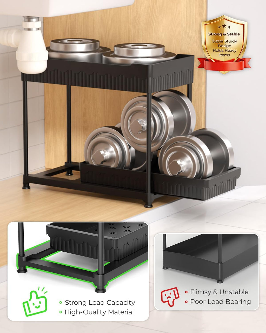 Sevenblue Two-Tier Under-Sink Organizers, Black, 3-Pack