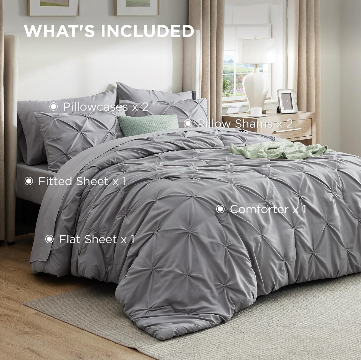 Bedsure Queen Pintuck Bedding Set, 7 Pieces, Grey