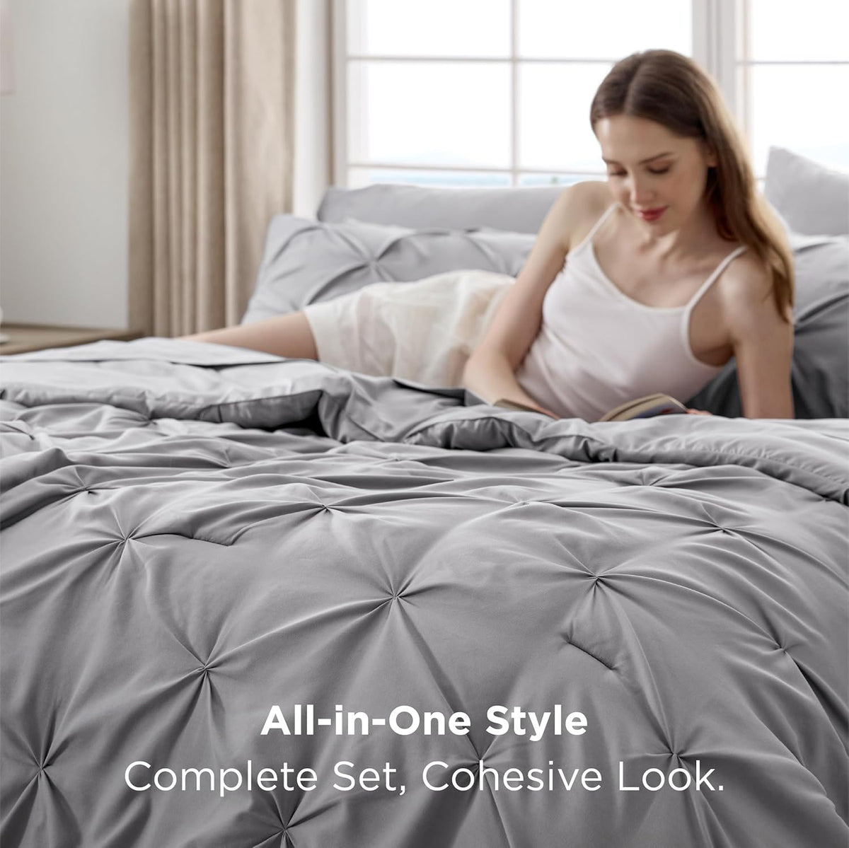 Bedsure Queen Pintuck Bedding Set, 7 Pieces, Grey