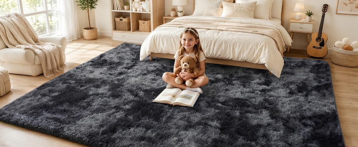 PLHXFR Shag Area Rug, Tie-Dyed Dark Grey, 8 x 10 ft