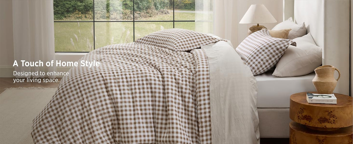 Bedsure Brown Gingham Queen Comforter Set, 3 Pieces