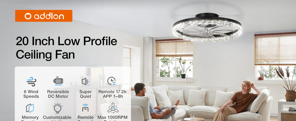 addlon 20-Inch Low-Profile Ceiling Fan with LED Light, Black