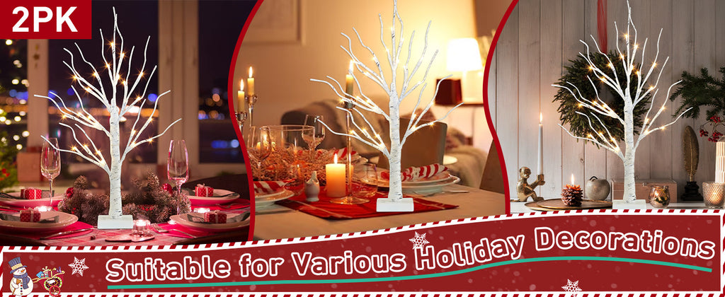 PEIDUO Lighted Birch-Style Tabletop Trees, 2 ft, Set of 2