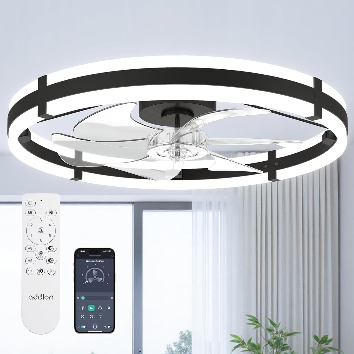 addlon 24-Inch Low-Profile Ceiling Fan with LED Light, Black