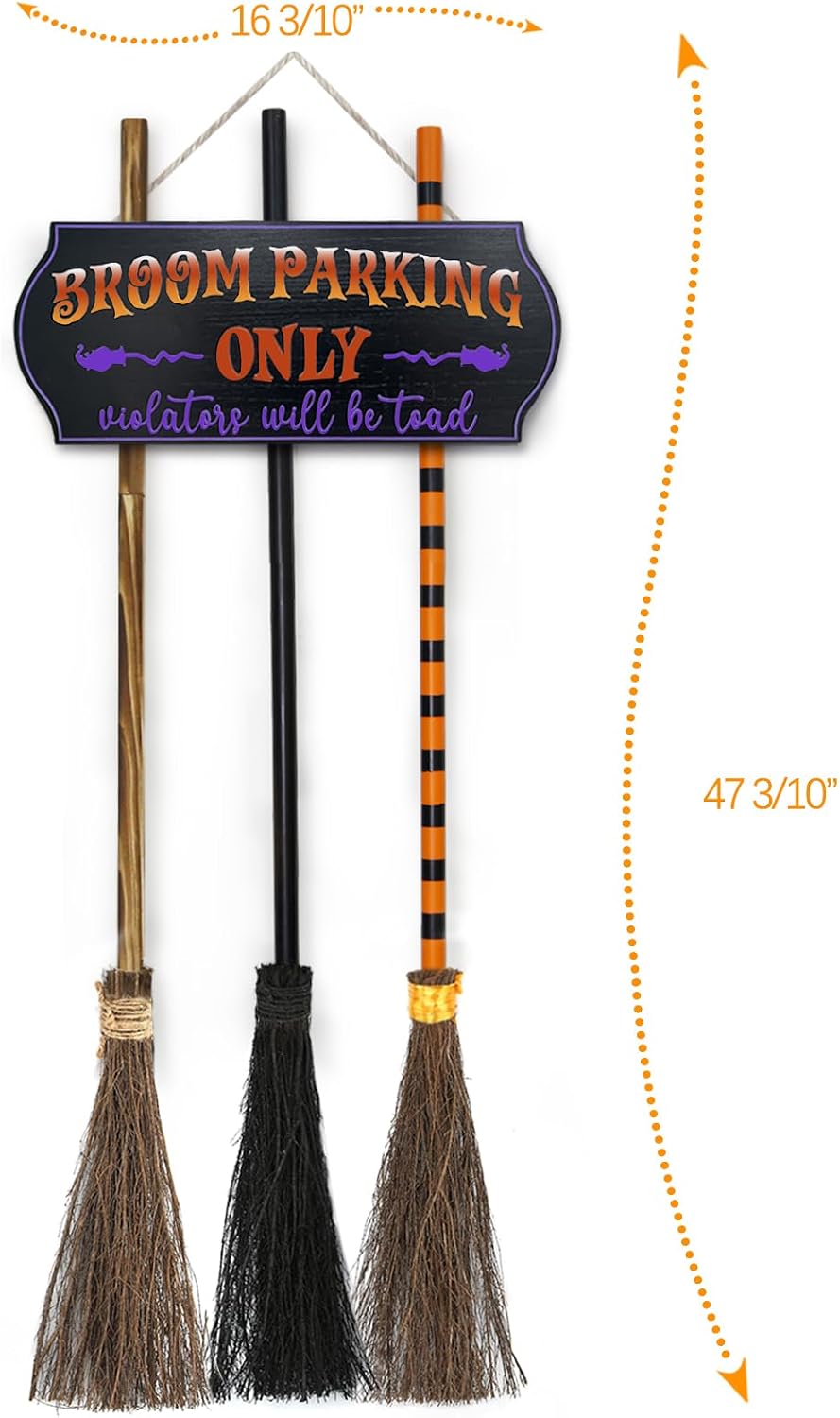 ORIENTAL CHERRY Halloween Broom Parking Sign with Three Wooden Brooms – Black – product detail