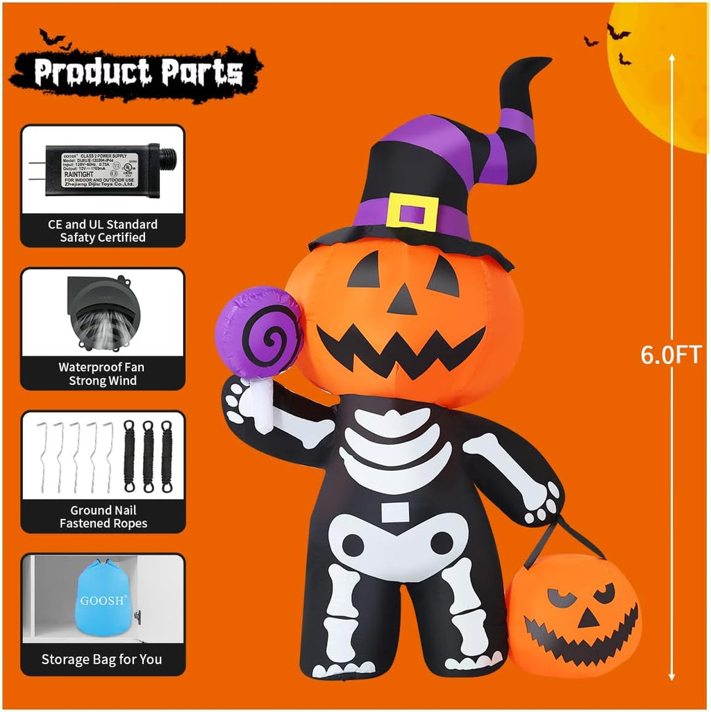 GOOSH 69090 6-Foot Halloween Pumpkin & Skull Inflatable – Multicolor – product detail