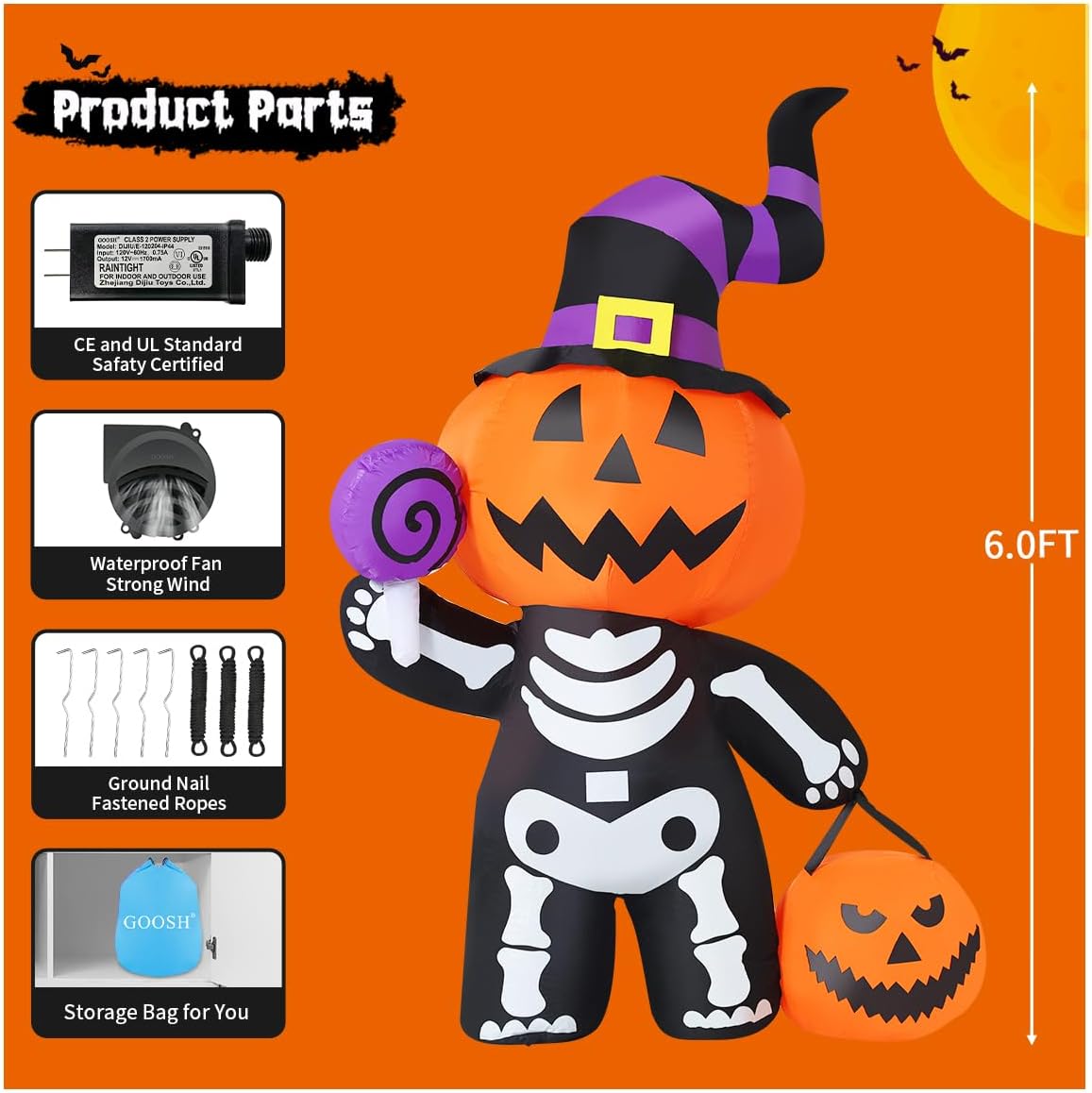 GOOSH 69090 6-Foot Halloween Pumpkin & Skull Inflatable – Multicolor – product detail