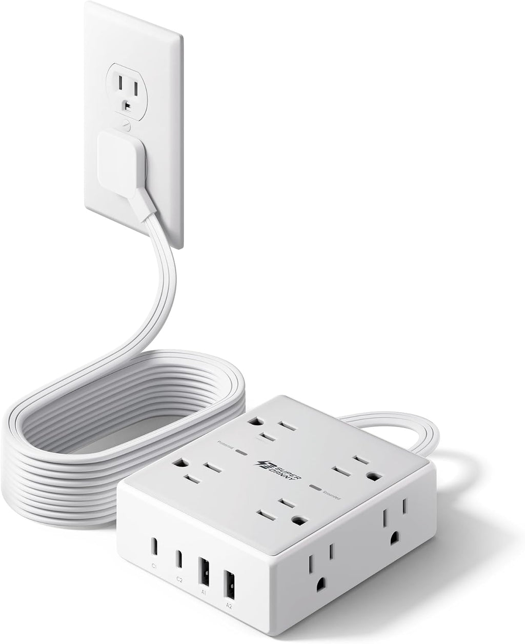 SUPERDANNY Flat-Plug Power Strip, White, 10 ft