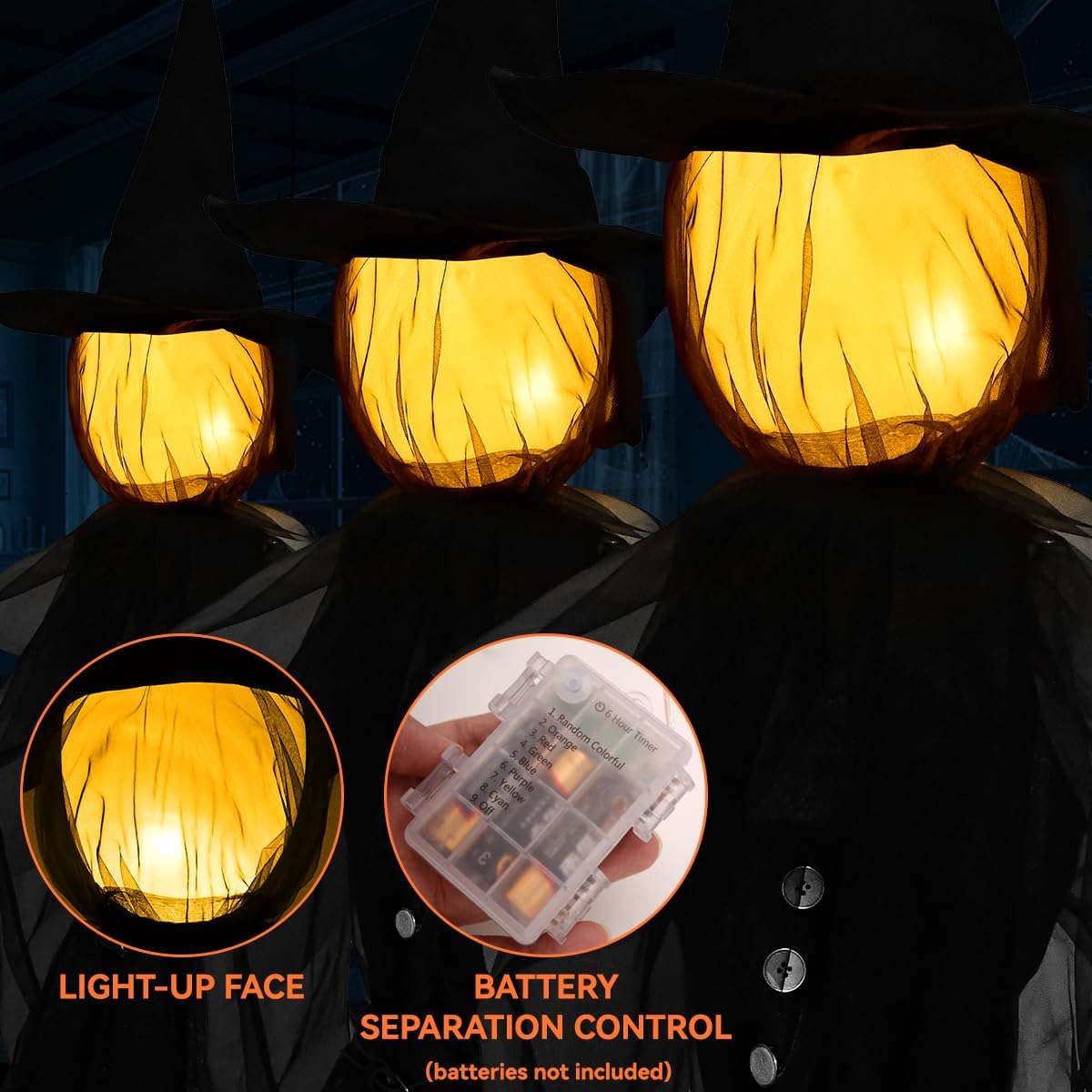 Jibeufi Hlw-witch-3pcs 3-Pack 4.9-Foot Lighted Halloween Witch Stakes – black – product detail