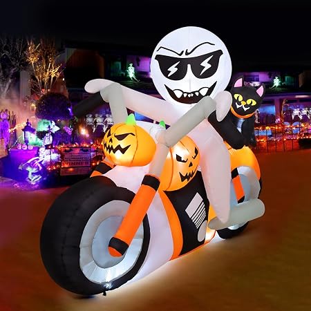 COMIN CO-69305 6-Foot Halloween Ghost, Pumpkin & Cat Motorcycle Inflatable – White,Orange,Black