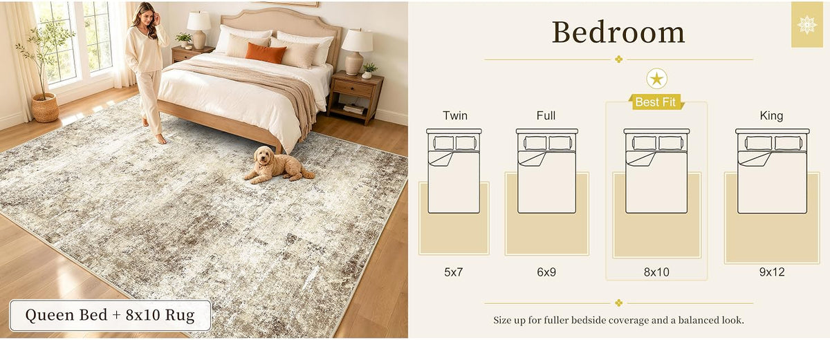 OLANLY Beige Abstract Washable Area Rug