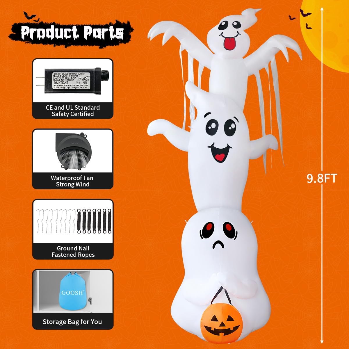GOOSH D-69119 9.8-Foot Halloween Stacked Three Ghosts Inflatable – White – product detail
