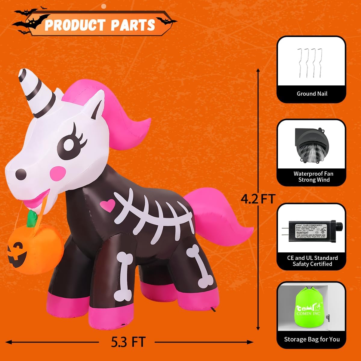 COMIN 69286 5-Foot Halloween Skeleton Unicorn Inflatable – Pink – product detail