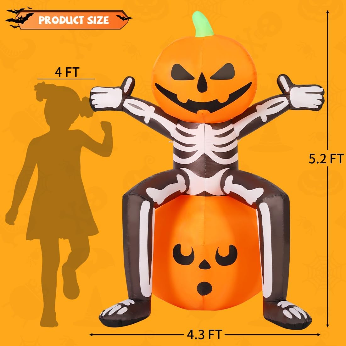 COMIN 69265 5-Foot Halloween Skull & Skeleton & Pumpkin Inflatable – Orange, Black, White – product detail