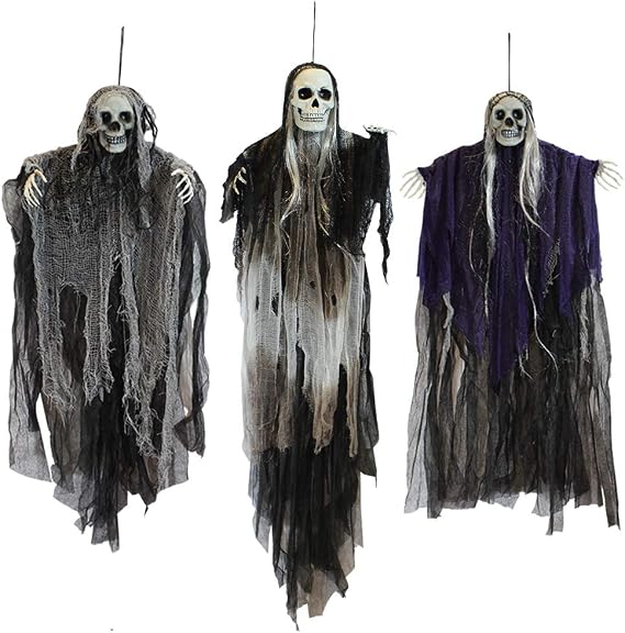 JOYIN 3-Piece Hanging Halloween Grim Reaper Set – 31.5, 53 and 31.5 inches, Grey