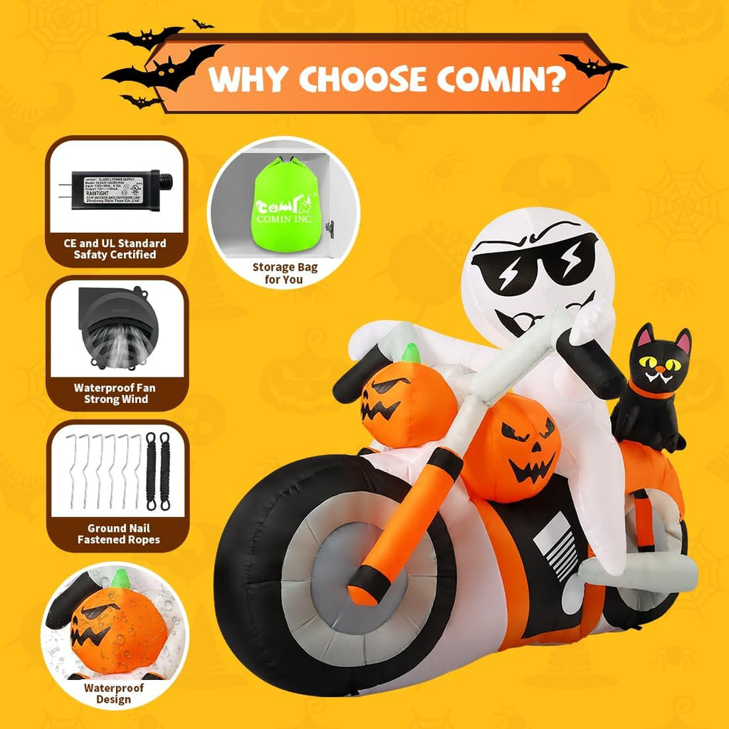 COMIN CO-69305 6-Foot Halloween Ghost, Pumpkin & Cat Motorcycle Inflatable – White,Orange,Black – product detail