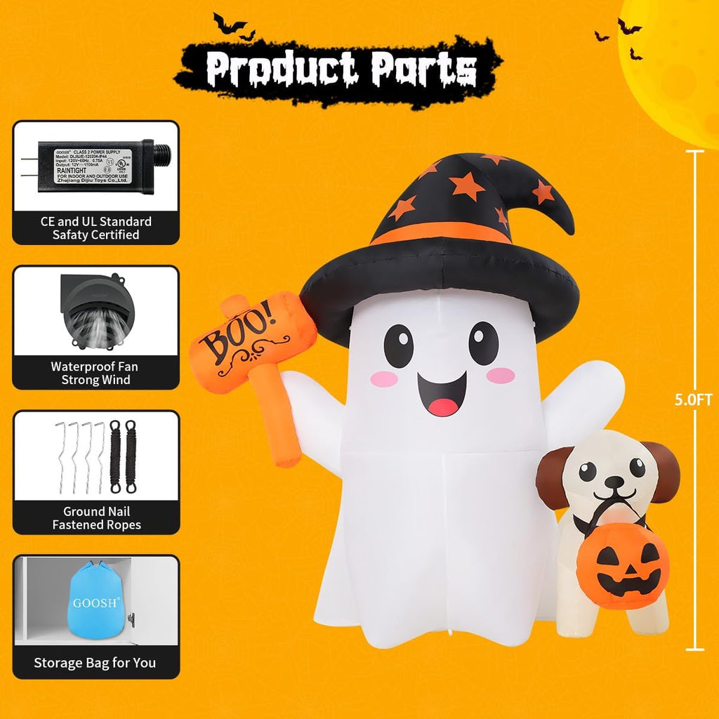 GOOSH 69655 5-Foot Halloween Ghost & Dog Inflatable – white, black, brown, multicolor – product detail