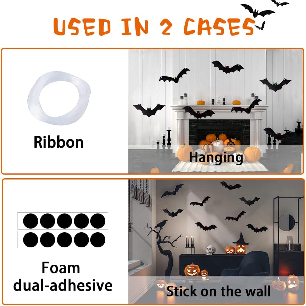 YUJUN 12-Piece Hanging Halloween Bat Set – Black – product detail