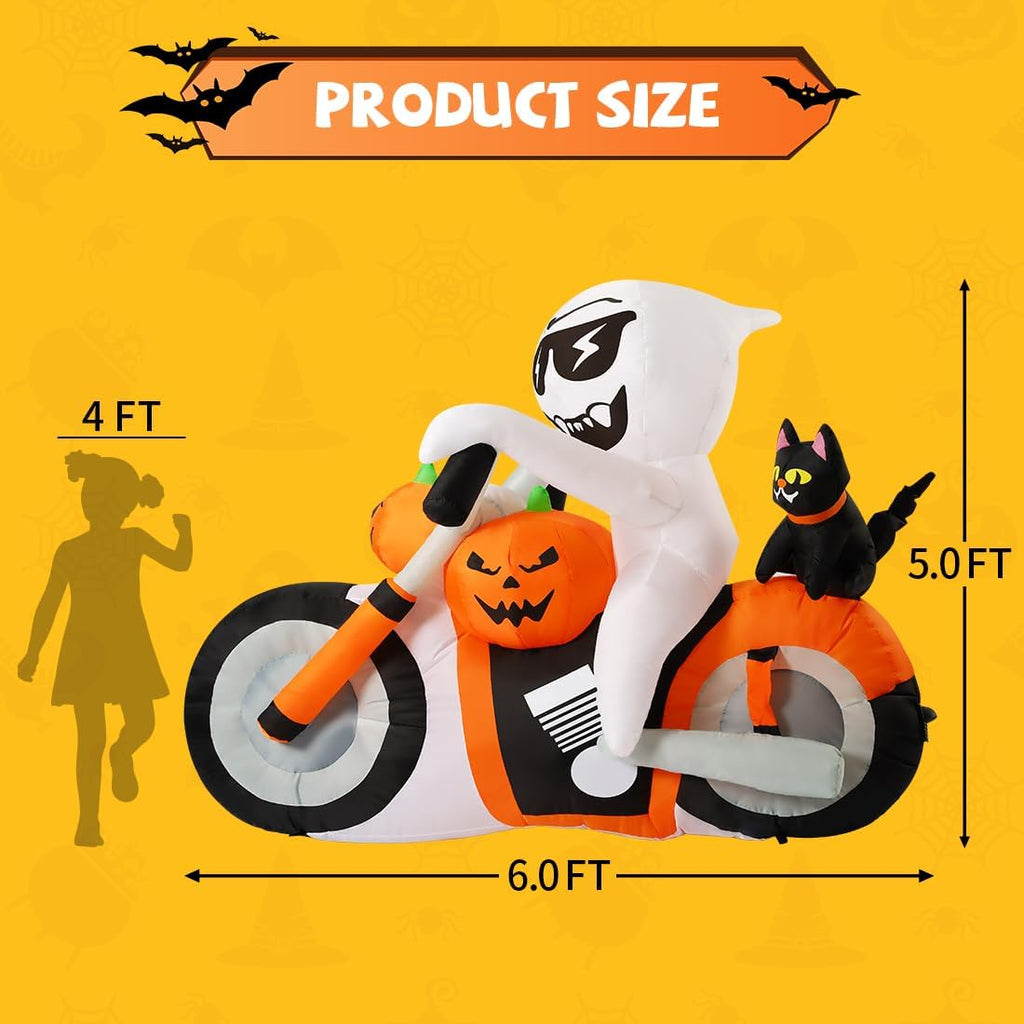 COMIN CO-69305 6-Foot Halloween Ghost, Pumpkin & Cat Motorcycle Inflatable – White,Orange,Black – product detail