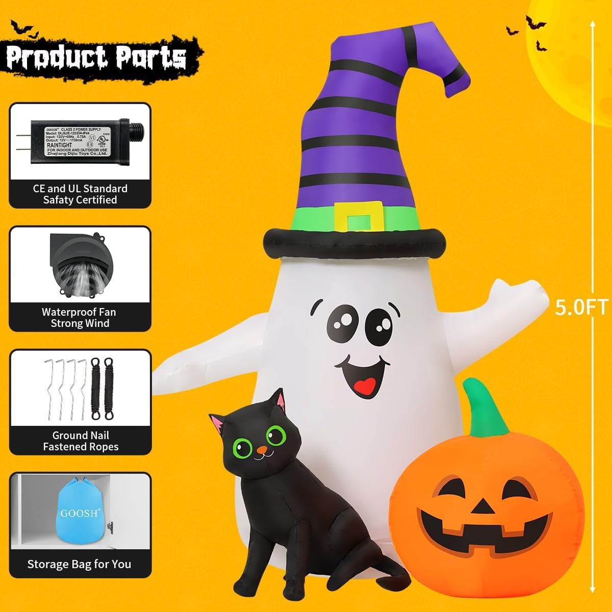 GOOSH 69471 5-Foot Halloween Ghost & Pumpkin Inflatable – white – product detail