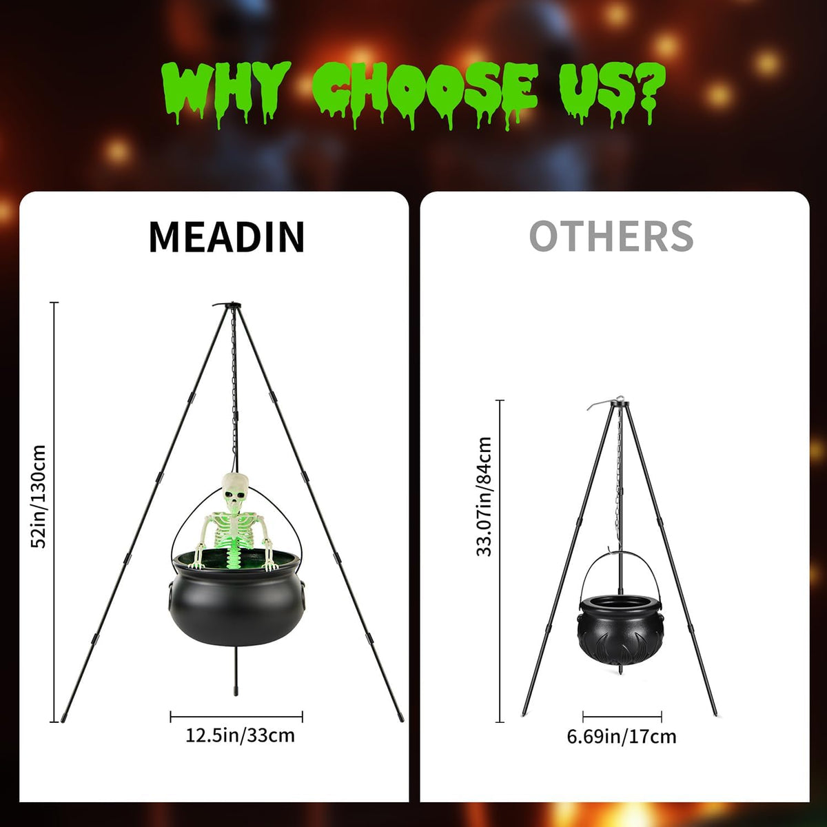 MEADIN M917 Halloween Cauldron, Tripod & Skeleton Display with Mist Maker – 52 inches, Black – Black / 52 inches – product detail