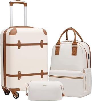 Coolife YD102 Hardside Luggage Set – 3 Piece Set (BP/TB/20), White