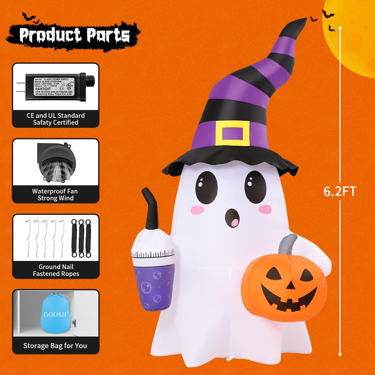 GOOSH 69656 6.2-Foot Halloween Ghost & Pumpkin Inflatable – white – product detail