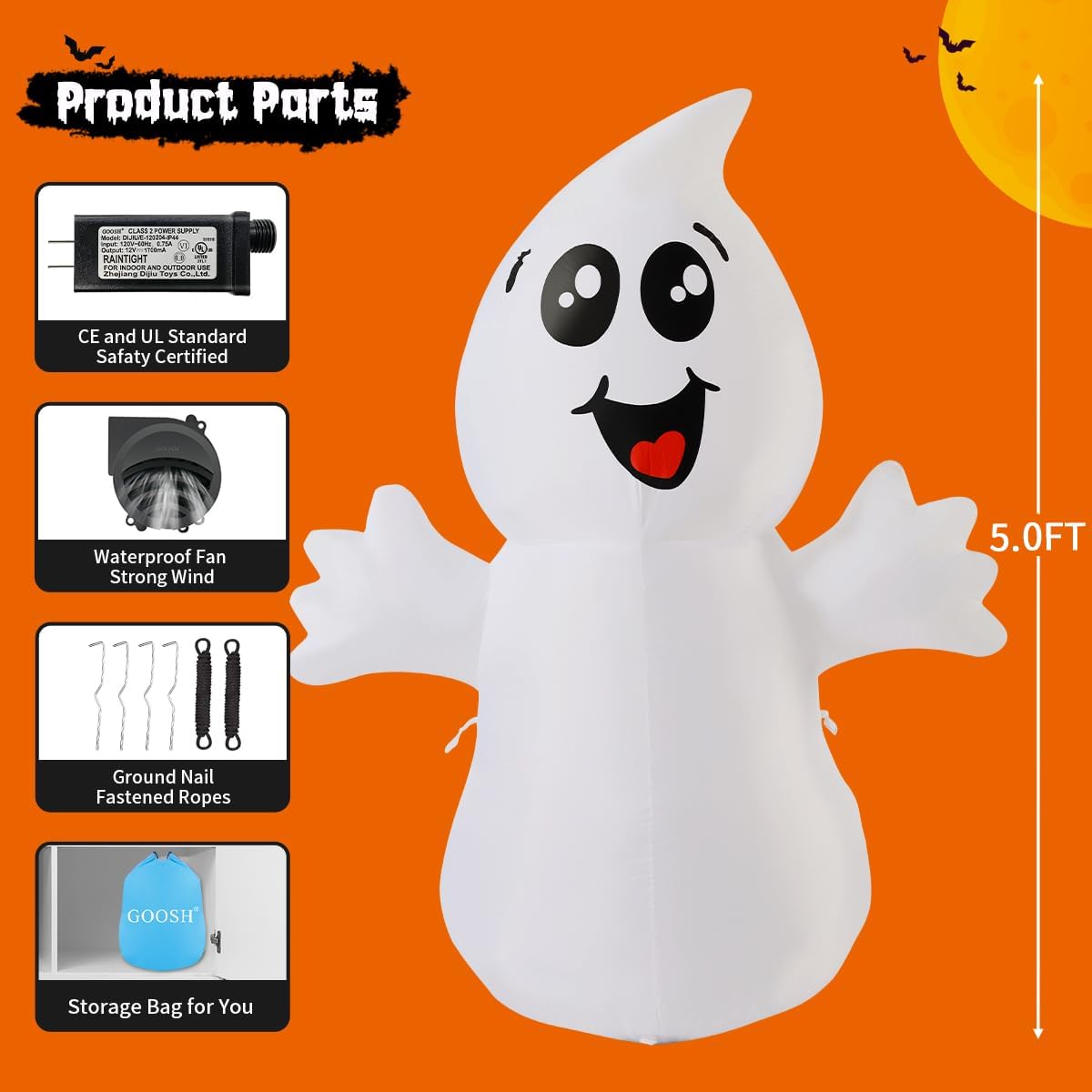 GOOSH 5-Foot Halloween Ghost Inflatable – White – product detail