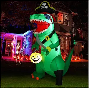 GOOSH 7-Foot Halloween Pirate Dinosaur & Pumpkin Inflatable – Green