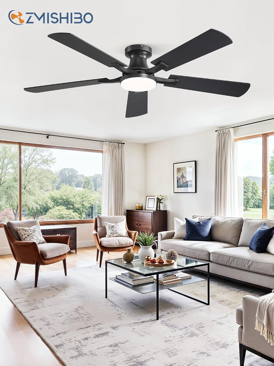 ZMISHIBO 52-Inch Flush-Mount Ceiling Fan with LED Light, Black