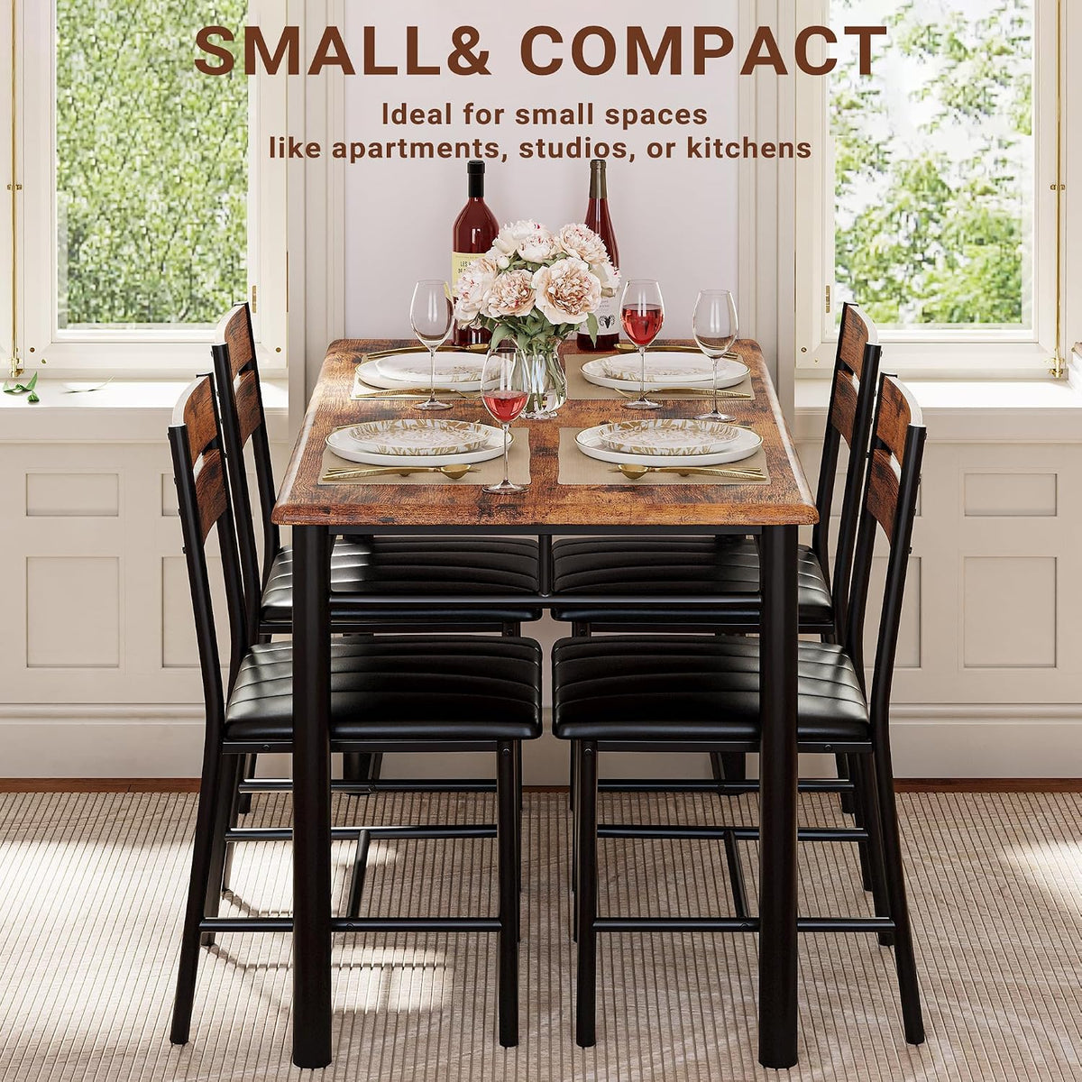 IRONCK Five-Piece Dining Set with Four Chairs, Rustic Brown