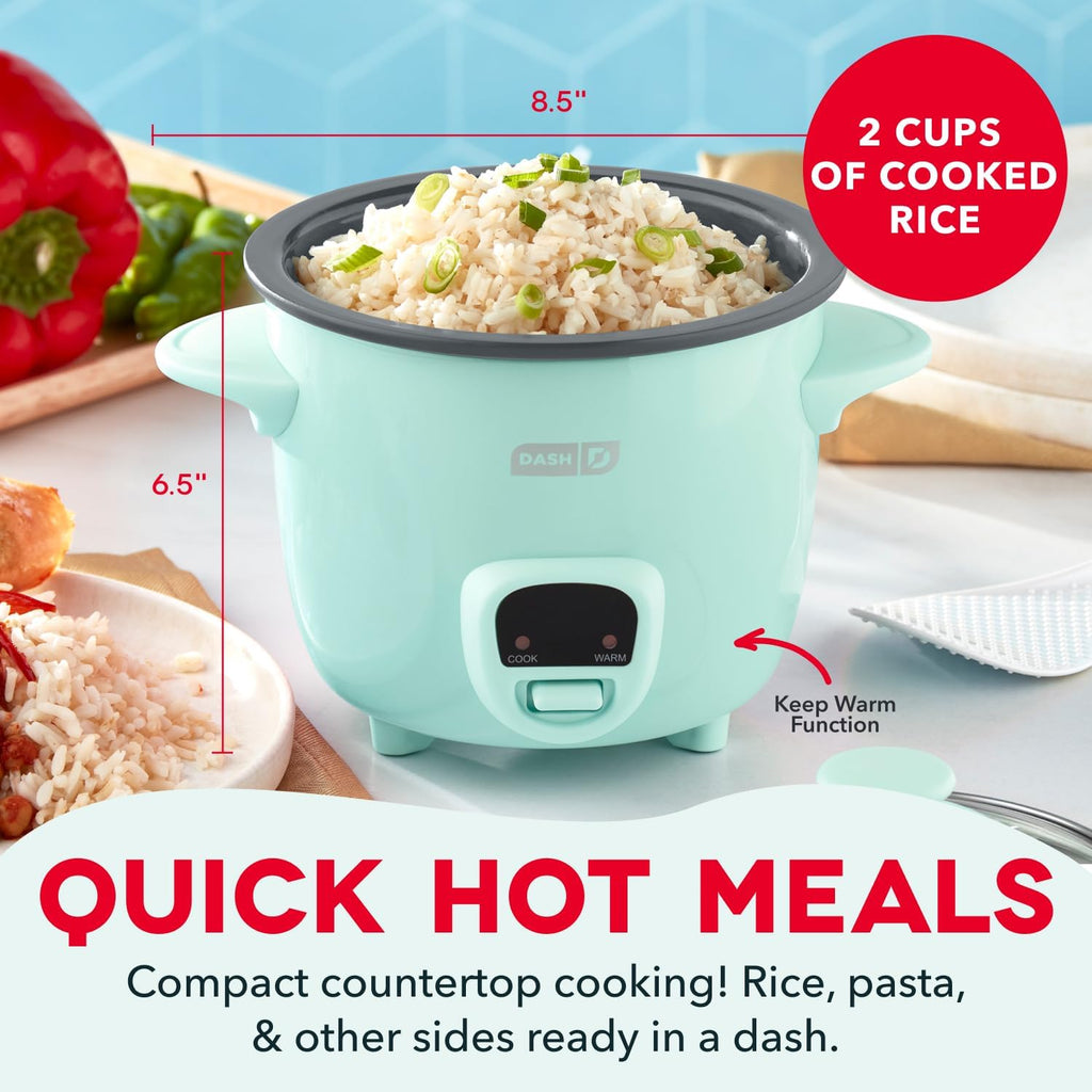 DASH Mini Ceramic Rice Cooker, Aqua, 2 Cups Cooked