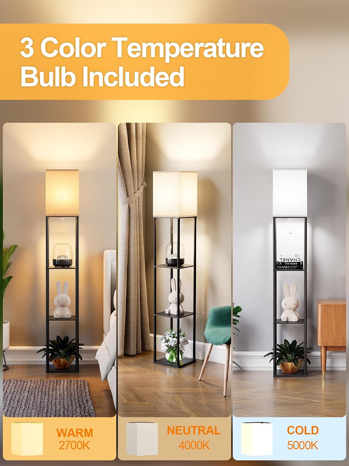 PARTPHONER Shelf Floor Lamp with Three-Color LED Bulb, Black