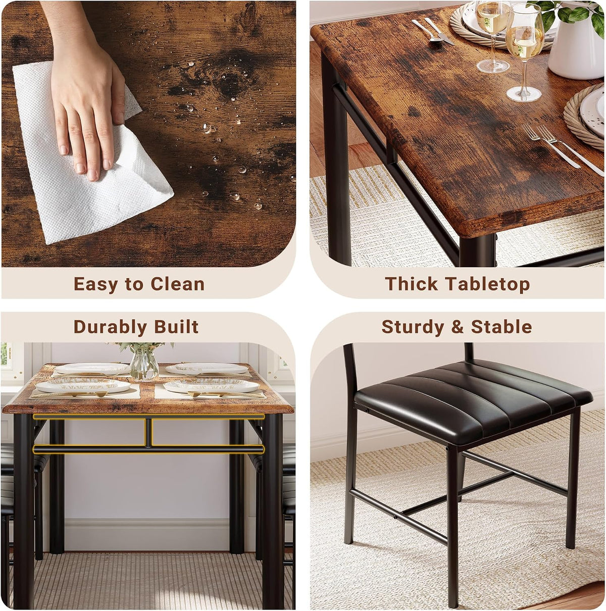 IRONCK Five-Piece Dining Set with Four Chairs, Rustic Brown