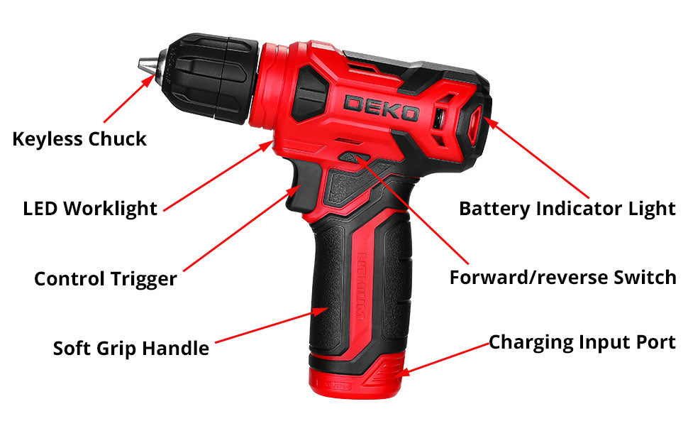 DEKOPRO 126-Piece Cordless Drill and Hand Tool Set – Red – product detail